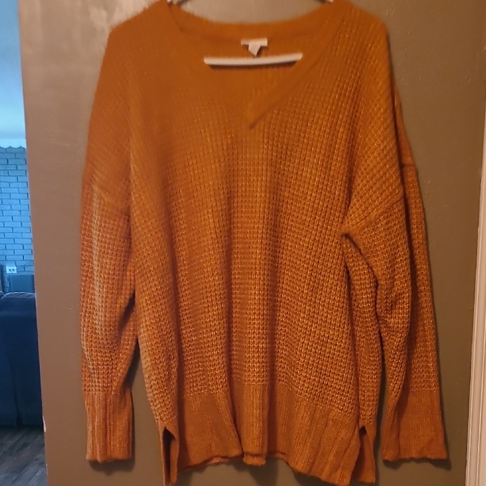 a.n.a Orange V-Neck Sweater with Ribbed Knit Texture